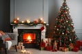 Interior of living room with fireplace, presents and Christmas tree Royalty Free Stock Photo