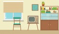 Interior of a living room with furniture, vintage room, retro design. Flat style illustration. Royalty Free Stock Photo