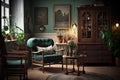 Interior of a living room with a green armchair and a vintage cabinet