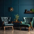 Interior of living room with green leather armchairs and wooden coffee tables over dark blue wall. Wine glass on the table Royalty Free Stock Photo