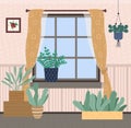 Interior of living room with green plants, window with curtains, hanging houseplants, design