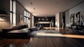 Interior of a living room with high ceilings, a house in a modern farmhouse modern style, design project of an apartment decor.