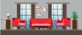 Interior living room home furniture design. Modern house apartment sofa vector. Flat bright window, table, wall decor. Illustratio Royalty Free Stock Photo
