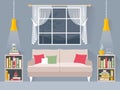 Interior living room or home library. Room for reading books. Vector