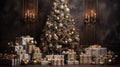 Interior of a living room in a house with a large Christmas tree and a bunch of gifts for the New Year.