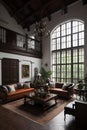 Interior of a living room with a large window and wooden furniture. Colonial style