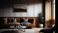 Interior living room interior mockup with brown sofa, stylish room concept, Generative AI