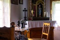 Interior of living room in old traditional rural wooden house. Royalty Free Stock Photo