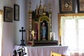 Interior of living room in old traditional rural wooden house. Royalty Free Stock Photo