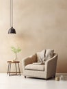 Interior of living room with pendant light, coffee table, armchair over beige mock up wall. Home design