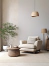 Interior of living room with pendant light, coffee table, armchair over beige mock up wall. Home design