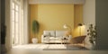 Interior of living room with small sofa and yellow wall