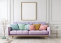 Pastel Dream Living Room Mockup with Lavender Sofa and Blank Frame Royalty Free Stock Photo