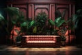 The interior of the living room with a sofa and indoor plants at night with pink neon lighting Royalty Free Stock Photo