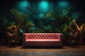 The interior of the living room with a sofa and indoor plants at night with pink neon lighting Royalty Free Stock Photo