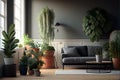 Interior of living room with sofa and potted plants. Generative AI Royalty Free Stock Photo