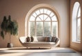 Interior of living room with sofa, window and plants.