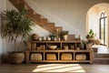 Interior of living room with stucco walls with wooden chest of drawers, vases, plants and staircase. ai generated Royalty Free Stock Photo