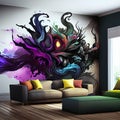 Interior Living Room wall Mockup with Leather Sofa and Decor With Wallpainting AI Generative Royalty Free Stock Photo