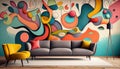 Interior Living Room wall Mockup with Leather Sofa and Decor With Wallpainting AI Generative Royalty Free Stock Photo