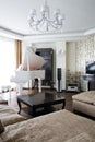 Interior of living room with white piano