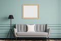 Interior of living room with white sofa and blank picture frame blue wall. 3d render, Interior mockup with picture frame on a Royalty Free Stock Photo