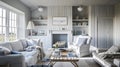 Interior of a living room with white walls, sofa and cushions. Sitting room in coastal cottage with sea view Royalty Free Stock Photo