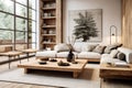 Interior of living room with wood furniture in rustic style, eco design Royalty Free Stock Photo