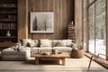 Interior of living room with wood furniture in rustic style in winter Royalty Free Stock Photo