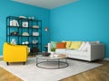 Interior of living room with yellowarmchair 3D rendering