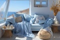 Interior of livingroom in light blue, white and beige interior with sofa, blankets and pillows Royalty Free Stock Photo