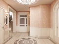 The interior of the lobby is in classical style in cream colors, with a marble pattern on the floor and access to the stairs Royalty Free Stock Photo