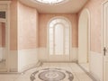 The interior of the lobby is in classical style in cream colors, with a marble pattern on the floor and access to the stairs Royalty Free Stock Photo