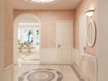 The interior of the lobby is in classical style in cream colors, with a marble pattern on the floor and access to the stairs Royalty Free Stock Photo