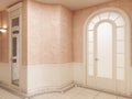 The interior of the lobby is in classical style in cream colors, with a marble pattern on the floor and access to the stairs Royalty Free Stock Photo