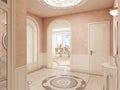 The interior of the lobby is in classical style in cream colors, with a marble pattern on the floor and access to the stairs Royalty Free Stock Photo