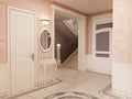 The interior of the lobby is in classical style in cream colors, with a marble pattern on the floor and access to the stairs Royalty Free Stock Photo