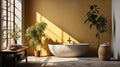 Attic interior with yeloow walls, wooden floors and a white bathtub with a towel standing under the windows. A door in