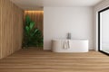 Interior of loft Scandinavian style bathroom with white and wood walls, wooden floor, white bathtub standing near window Royalty Free Stock Photo