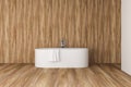 Interior of loft Scandinavian style bathroom with white and wood walls, wooden floor, Royalty Free Stock Photo