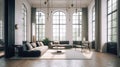 Interior in loft style of modern living room in house, villa, hotel. Minimalism, light furniture, panoramic windows