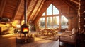 Interior of a log cabin. Cozy living space with fireplace. Generative AI. Royalty Free Stock Photo