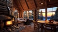 Interior of a log cabin. Cozy living space with fireplace. Generative AI. Royalty Free Stock Photo