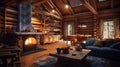 Interior of a log cabin. Cozy living space with fireplace. Generative AI. Royalty Free Stock Photo