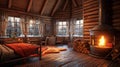 Interior of a log cabin. Cozy living space with fireplace. Generative AI. Royalty Free Stock Photo