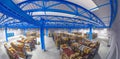 Interior of a logistic warehouse with fisheye view from above