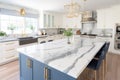 Interior of luxurious modern classic kitchen with dining area. White and blue cabinets with gilded handles, kitchen Royalty Free Stock Photo