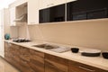 Interior of luxurious modern kitchen and walnut white cabinets Royalty Free Stock Photo