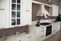 Interior of luxurious modern kitchen white cabinets Royalty Free Stock Photo