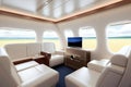 Interior of luxurious private yacht with light colored leather armchairs and sofa. generative ai